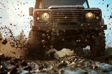 A rugged all-terrain vehicle with dynamic suspension and mud splatter effect
