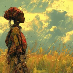 Fototapeta premium Woman in colorful traditional attire stands in a grassy field under dramatic skies, evoking natural beauty and cultural pride.