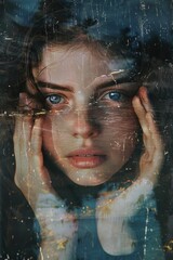 A woman with blue eyes is seen covering her face with her hands, conveying emotions of sadness or surprise