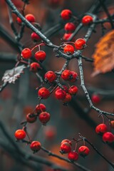 A bunch of bright red berries hang from a tree branch