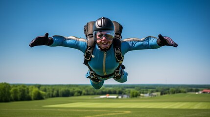 Obraz premium Telephoto lens shot skydiver s intense emotions landing gracefully on grassy field