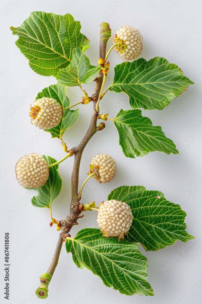 Poster a close-up shot of a branch from a mulberry tree with green leaves, ideal for use in nature-inspired