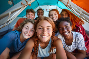 A multiethnic group of girls and boys taking a selfie for memories in a summer camp tent. Concept of vacation, summer camps, and friendship.