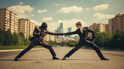 Modern day business knights engage in career problem solving duel, not with swords but sharp wits