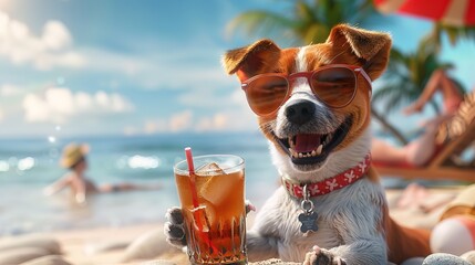 Dog is on summer vacation at seaside resort and relaxing on summer beach, holding drink