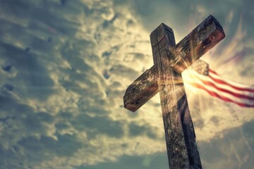 A wooden cross with an American flag hanging in the background, often used for patriotic or memorial purposes