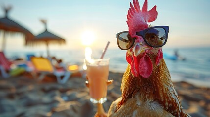 Chicken is on summer vacation at seaside resort and relaxing on summer beach, holding drink