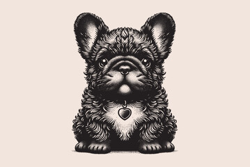 Fluffy French bulldog. Cute dog, puppy. Engraving contour black and white illustration. Emblem, logo, isolated object, vector
