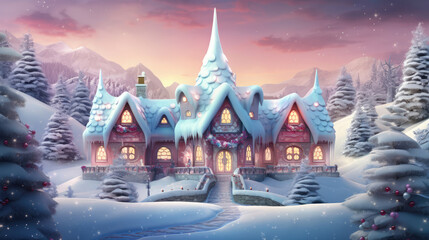 Fototapeta premium Magical winter holiday weekend. Happy holiday house. 小hristmas holiday landscape. Cottage in the forest on snowy bokeh background. Fantasy winter forest landscape, house. Digital art, generative ai