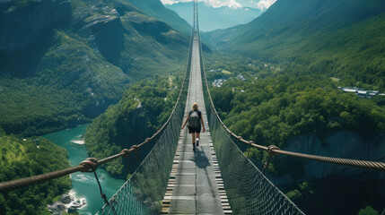 one person walking on Charles Kuonen Suspension Bridge longest pedestrian bridge in the world, generative ai