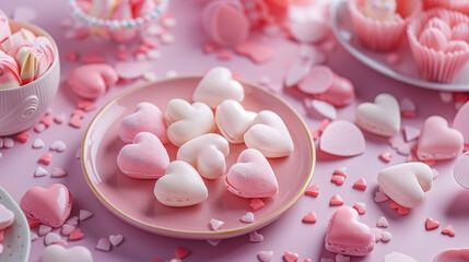 Heart-shaped desserts against a pink party background, Valentine's Day, variety of desserts, pink and white sugar hearts, love background