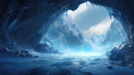 Blue ice cave covered with snow and flooded with light, generative ai