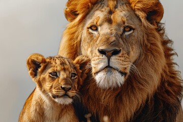 A pair of majestic lions standing side by side