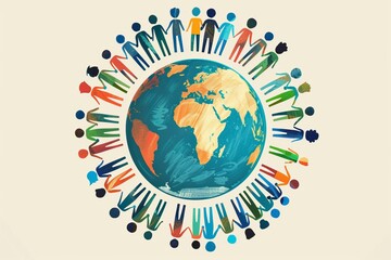 Illustration of diverse people collaborating around a globe