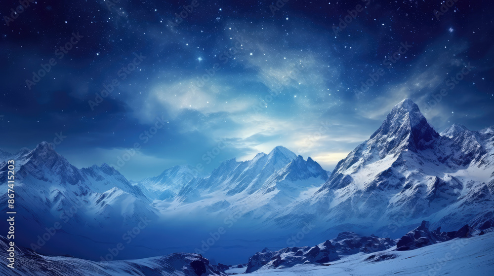 Wall mural milky way above mountains at night in winter. gorgeous mountain winter landscape with valley, clouds