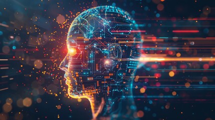 An artistic representation of a human head integrated with technology