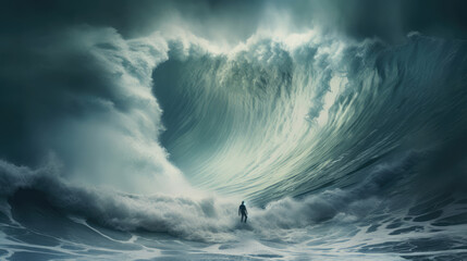 A man, a surfer in front of a giant huge wave. Concept of the power of nature and the vulnerability of man to its forces. Huge waves, Tsunami., generative ai