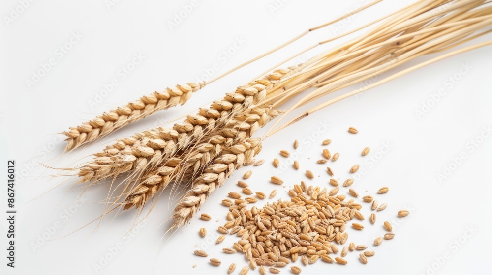 Poster a bundle of wheat sits next to a pile of grain in a rustic setting
