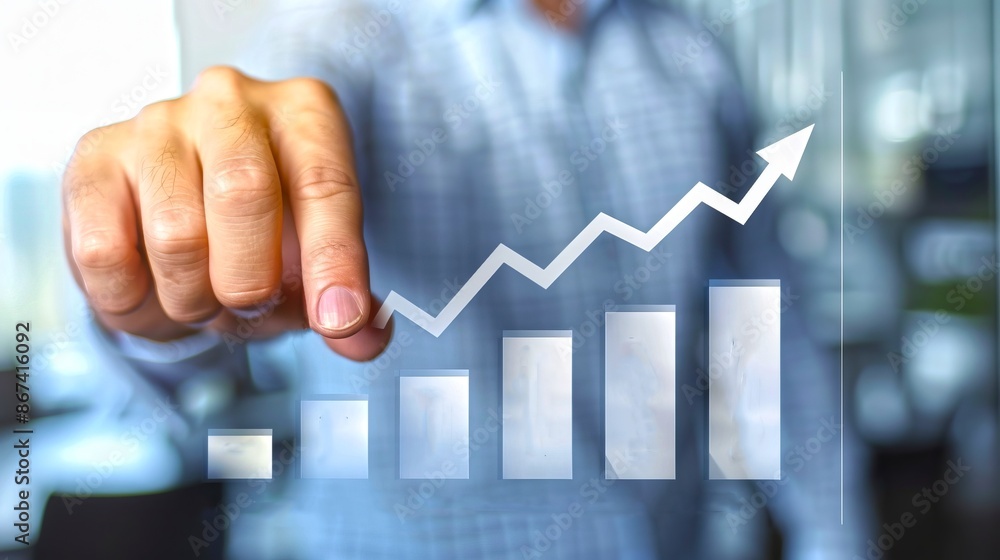 Poster businessman pointing at increasing graph bar chart. this ai generated image conceptualizes growth an