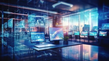 Digital technology high tech background. Modern furnished blurred office interior background with digital hologram, technological schemes. Contemporary background. generative ai