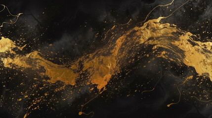 Luxury Black gold liquid paint background. Quirky motion background. Close up glossy texture. Mix color liquid splashes. Digital art, generative ai
