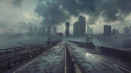 Fototapeta premium A bridge over a river or lake with a city skyline visible in the background, perfect for use in travel and tourism imagery