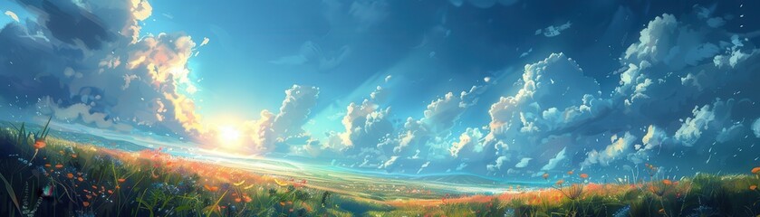 Fototapeta premium Breathtaking landscape of a vibrant sunrise over a vast green field, with stunning cloud formations in a clear blue sky.