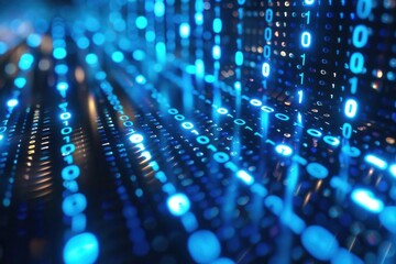 Fototapeta premium Blue digital binary code cascading down a computer screen, hightech background, glowing numbers, futuristic data flow, abstract digital design, seamless pattern, technology concept