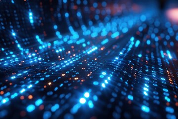 Blue digital binary data matrix, computer screen background, endless stream of numbers, futuristic technology, abstract digital texture, hightech design, glowing data flow