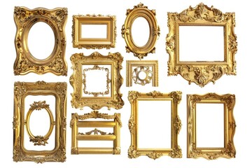 A collection of ornate gold frames against a plain white background, ideal for use in designs where luxury and elegance are key