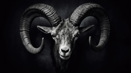 Ram or sheep animal, Close up of head and horns of a wild big horned, isolated black white., generative ai