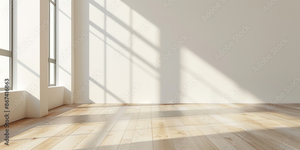 Aufkleber sunlight casting shadows in empty room with large windows and wo