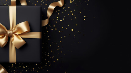 Gift greeting banner with gift box present and shiny golden ribbon bow tape isolated on black background, top view., generative ai