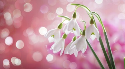Fresh spring themed greeting card with snowdrops on pink background