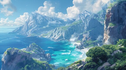 Obraz premium Stunning coastal landscape with turquoise waters, rugged cliffs, and lush greenery under a bright blue sky.