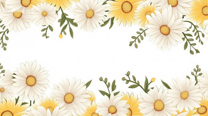 Fototapeta premium Daisies frame or border, Seamless flower background. Floral holiday background for wedding invitations, greeting cards, banners. Place for text, generative ai