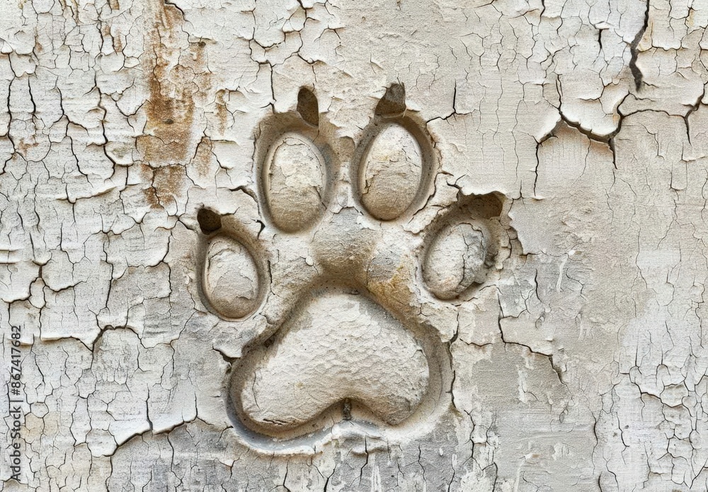 Poster  Paw Print on Distressed Wall, Animal Footprint Artwork