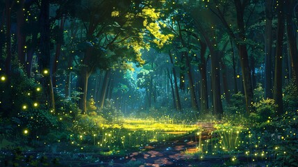 Obraz premium A magical forest clearing at twilight, illuminated by glowing fireflies and surrounded by towering trees