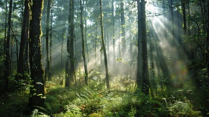 Obraz premium A dense forest bathed in ethereal morning light, with mist rising gently from the ground and rays of sunlight piercing through the tree canopy