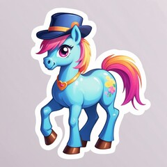 Sticker of a lovely baby pony horse wearing colorful hat. 3D cartoon style, isolated on a simple background.