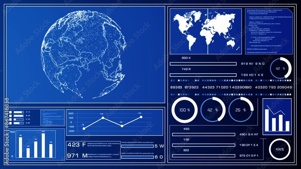 Poster futuristic data dashboard with global map, charts, and analytics in blue digital interface. features