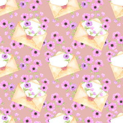 Hand drawn watercolor letter with anemone flowers seamless pattern isolated on powdery background. Can be used for textile, fabric and other printed products.