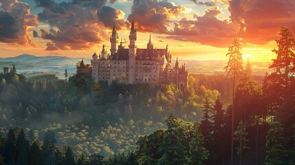 Naklejka premium Majestic castle with tall spires surrounded by lush green forests under a vibrant sunset sky