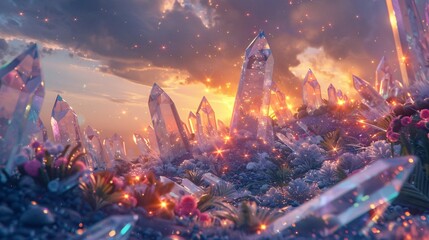 Fototapeta premium A mystical landscape with floating crystals in the air, radiating a warm, otherworldly glow that lights up the scene