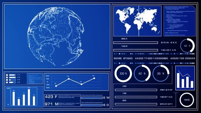 Futuristic data dashboard with global map, charts, and analytics in blue digital interface. Features bar graphs, pie charts, and world data visualization, technology and business applications.