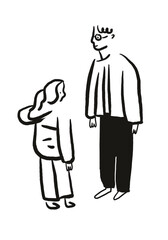 Set of doodle kids figures. Older brother and younger sister. Black and white illustration on a white background