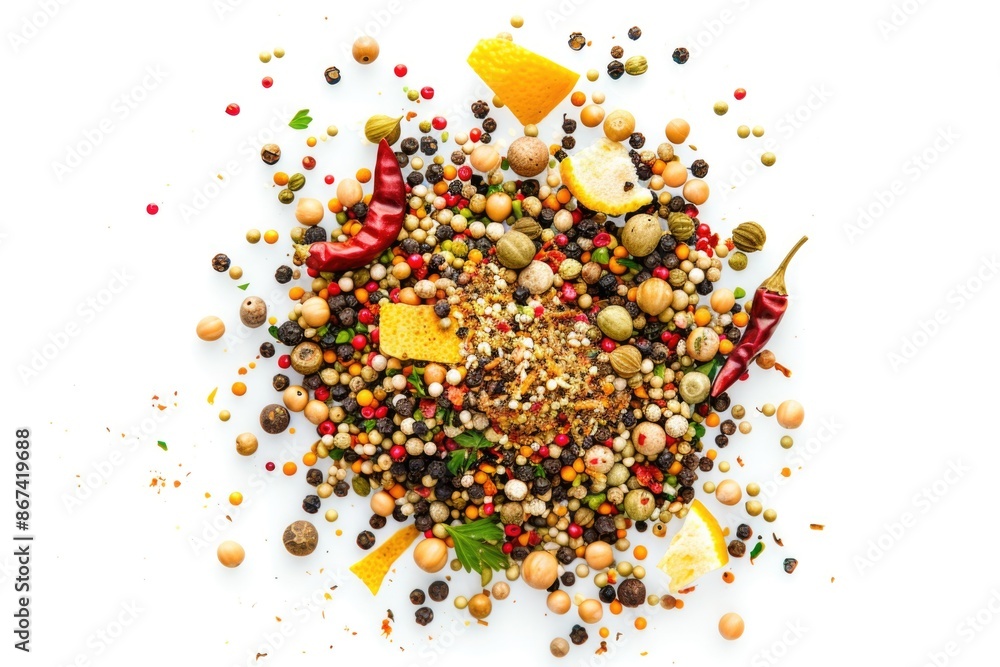 Poster a collection of various spices arranged on a clean white surface for easy comparison and measurement