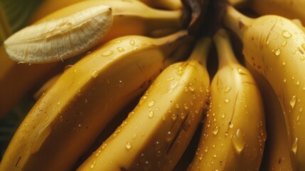 A basket of fresh bananas with water droplets glistening on the surface