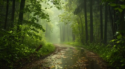 Obraz premium A forest path with rain-drenched foliage.