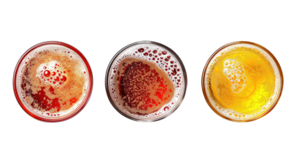 Set glass of beer with bubble top view isolated on transparent white background, clipping path